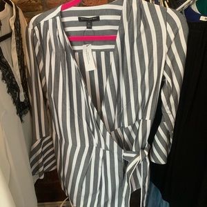 Gray and white striped wrap shirt